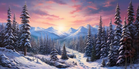AI Generated. AI Generative. Nature outdoor wild winter snow forest mountain tree landscape. Adventure trip explore hiking vibe. Graphic Art