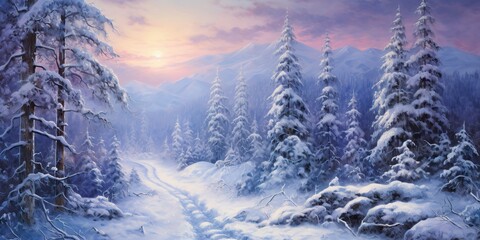 AI Generated. AI Generative. Nature outdoor wild winter snow forest mountain tree landscape. Adventure trip explore hiking vibe christmas new year view