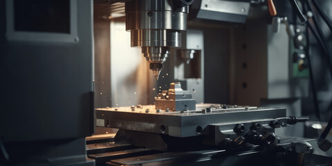 Metalworking CNC milling machine. Cutting metal modern processing technology. banner with copy space, generative AI	
