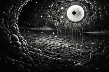 Black and white cosmic abstract done with a pencil. Generated by AI this illustration features several elements associated with the cosmos and space - 626927913