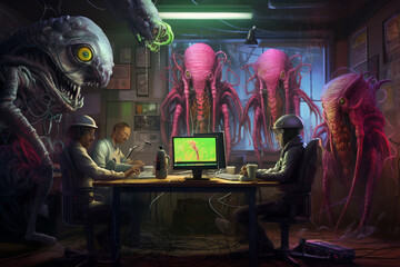 Group of aliens working in the office or laboratory. A strange-looking place with dim lights, and monitors. Generated by AI - 626927915