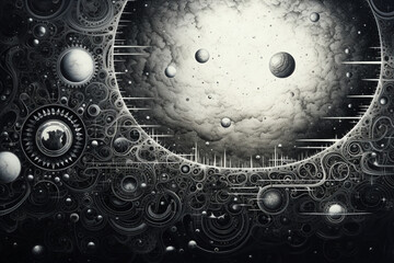 Black and white cosmic abstract done with a pencil. Generated by AI this illustration features several elements associated with the cosmos and space - 626927917