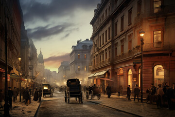 A photo of a city from the 19th century during a cloudy evening. Imagining a busy street from old times. Generated by AI - 626927952