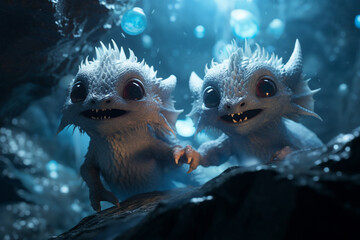 A group photo of the family of ice dragons in the cave. Cute baby ice dragon looking into the camera. Generated by AI