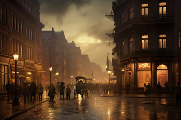 A photo of a city from the 19th century during a cloudy evening. Imagining a busy street from old times. Generated by AI - 626927968
