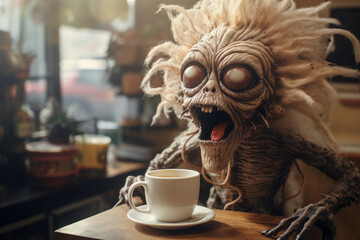 An ugly alien monster located in a cozy coffee shop. He or she is drinking coffee, eating desserts, and talking about his life. Portrait generated by AI - 626927998