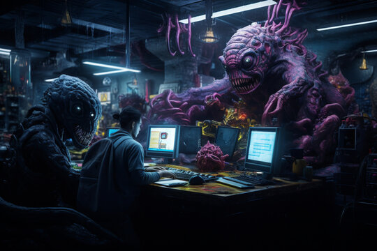 Group of aliens working in the office or laboratory. A strange-looking place with dim lights, and monitors. Generated by AI