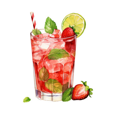Realistic Watercolor Illustration Of A Juice Cocktail With A Straw And Glass