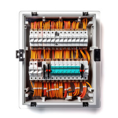 Isolated modern residential fuse box set against a white background, showcasing contemporary electrical safety, generative ai