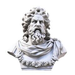 Detailed stone sculpture of Zeus, powerful god from Greek mythology, isolated on a clean white background, generative ai