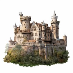 Fototapeta na wymiar A historic Germanic castle with distinctive architecture and turrets, symbolizing a regal European kingdom, isolated on a white background, generative ai