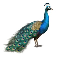 Obraz premium A majestic peacock displaying its vibrant and colorful train, embodying pride and natural beauty, isolated on a white background, generative ai