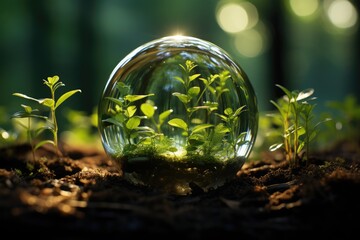 Glass globe encircled by verdant forest flora, symbolizing nature, environment, sustainability,...