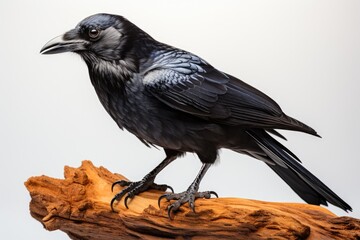Closeup image of a majestic black raven, showcasing intricate feather details, a symbol of mystery in nature, generative ai