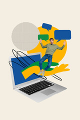 Vertical picture collage artwork illustration man user gadget netbook screen notification sms receive messages isolated on beige background