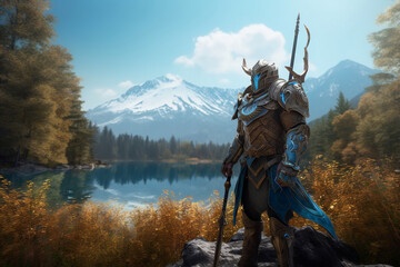 Naklejka premium hero armor character weilds astrolabe astroblade, illustration