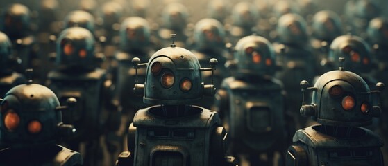 Robot army in dark style. Generative AI