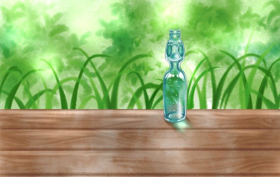 A bottle of ramune on the porch drawn with digital watercolor