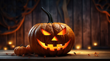 Scary halloween pumpkin on wooden planks. Generative Ai