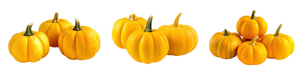a group of whole ripe pumpkins isolated on transparent background