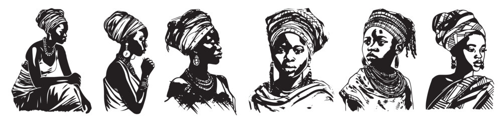 Fototapeta na wymiar African women, vector decoration, black illustration silhouette laser cutting