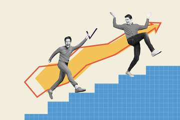 Collage of two young guys office workers running up climbing stairs drawing arrow increase improve results isolated over drawn background