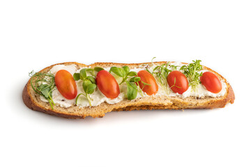 Long white bread sandwich with cream cheese, tomatoes and microgreen isolated on white. side view.