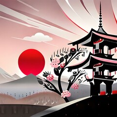 Templo chinês com flor de cerejeira e sol vermelho.  Ilustração em vetor.