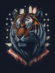 Illustration of a majestic tiger adorned with an American flag scarf