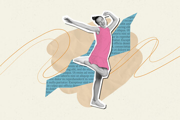 Photo collage composition artwork of funky young woman sketch illustration dance wear pink dress...