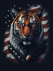 Illustration of a majestic tiger adorned with an American flag scarf