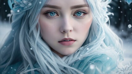 Frozen Enchantress: A girl with ice crystal patterns on her dress. Eyes are an icy blue color.