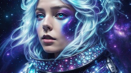 Galactic Girl is dressed in an intergalactic explorer costume, Hair adorned with space jewelry