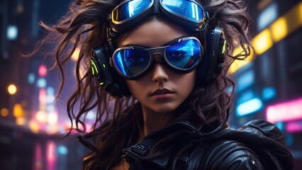 In a futuristic cityscape, a girl with cybernetic wings and aviator goggles.