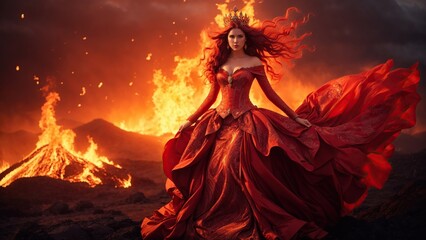 Empress of Fire: Against a volcanic landscape, a girl with flowing crimson hair and burning eyes 