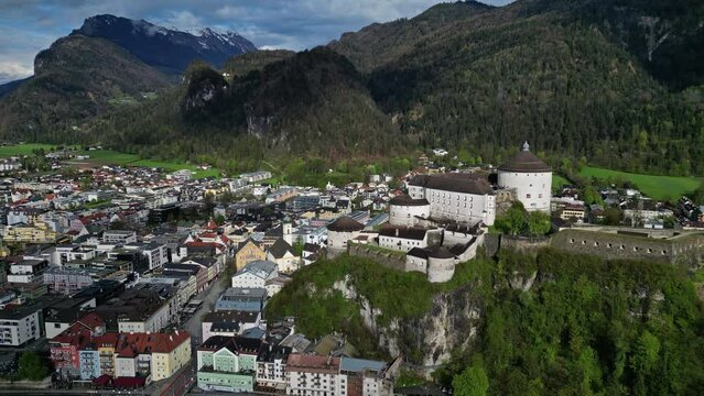 Aerial view of Kufstein town with medieval Castle fortress in Tyrol, Austria, Alps mountains, 4k