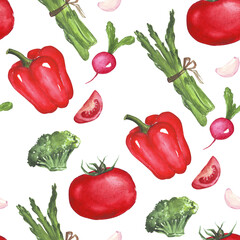 Root vegetables watercolor seamless pattern with carrot, radish, beetroot, parsnip. For kitchen textile, menu background, restaurant wallpaper