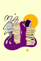 Creative poster collage of mature female pile stack books author writer reading books university teacher literature lecture