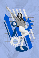Vertical creative collage image of excited funny manager female raise hand hold device gadget arrow point cogwheel celebrate victory