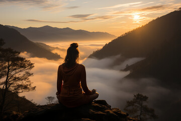 Fototapeta premium Yoga woman sitting on top of a mountain at sunrise. Mountains in the fog. The view from the back. arms around. Meditation. The balance of psychological life. Appeasement. Generative Ai
