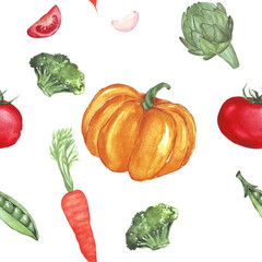 Beautiful seamless pattern with watercolor hand painted vegetables. Hand drawn raw food illustration. Corn, potato, cherry tomato, avocado, onion, carrot, chili pepper, garlic, salad on white.