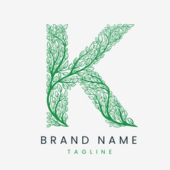 Letter K Tree Branch, Formed From Twigs Leaves Logo Design