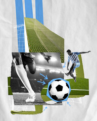 Creative design with young competitive man, professional football, soccer player in motion during match. Contemporary art collage. Concept of sport, betting, gambling, competition. Banner, poster, ad