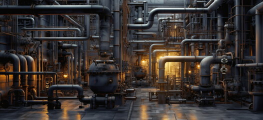 Facility pipelines. Complicated routing of grey or silver pipeline linked. Refining or routing process chemical facility concept. Hand edited generative AI.