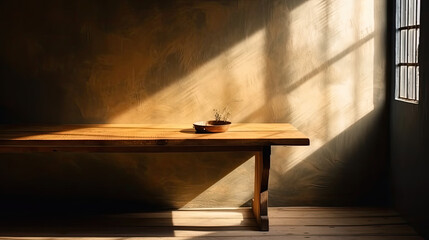 Wooden table in the room with sunlight and shadow on the wall