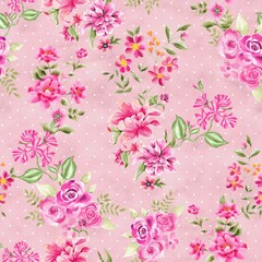 Watercolor flowers pattern, pink tropical elements, green leaves, pink background, seamless, polka dot