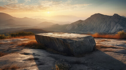 Sunset in the mountains with rock slab in the foreground. Beautiful landscape. Sunrise in the mountains.
