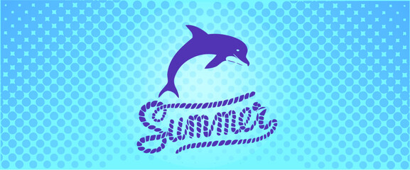 Summer background in light blue color. Central rope logo and blue dolphin. Polka dot background, summer pop banner.