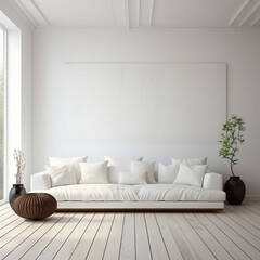 Minimal Living room with Comfy sofa and cushion design, white blank wall, afternoon, bright, digital, AI Generated