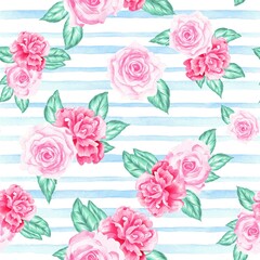 Watercolor flowers pattern, pink tropical elements, green leaves, white and blue stripes background, seamless